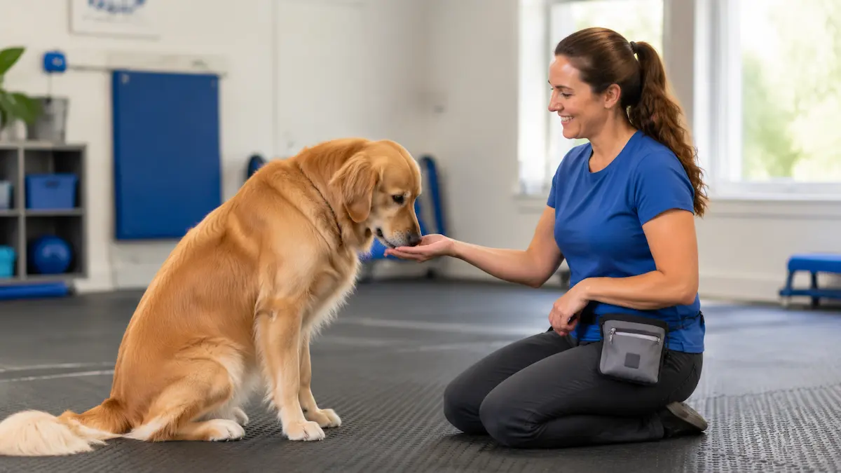 Woman rewarding a seated golden retriever with a treat during positive reinforcement training.