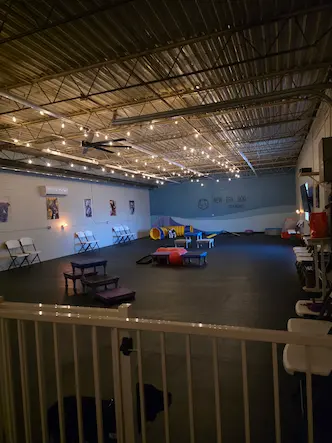 Training Area Spacious indoor dog training area with play and enrichment equipment